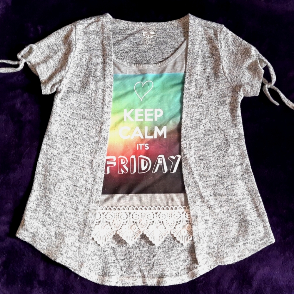 Short sleeve knit 'Keep Calm It's Friday' Sparkly Gray Dress Shirt w/ Lace